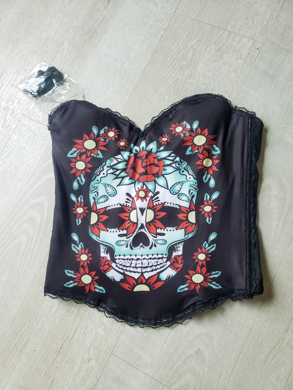 Women’s Black Floral Sugar Skull Bustier Top